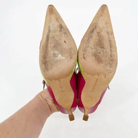 Manolo Blahnik Vintage Lime Pink Wingtip Mary Jane Pointed Toe Mule Heel IT 37 - Picture 10 of 11